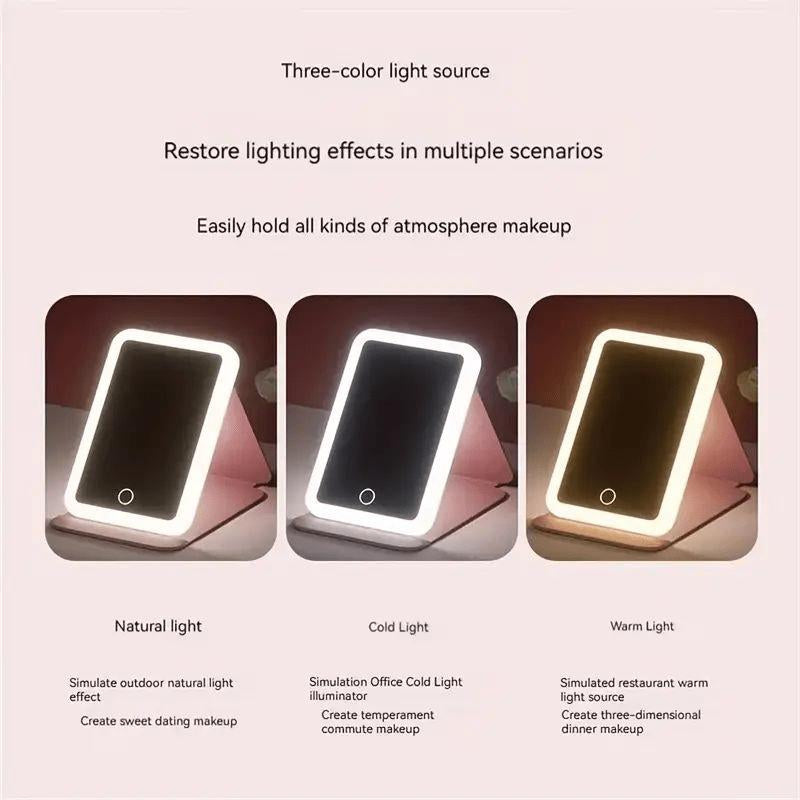 Portable Foldable LED Makeup Mirrorwith 3 Rechargeable Light Modes-Warm, Natural, Cool Self-Standingvanity Mirror for Desk, Travel & Home,Perfect for Makeup & Groominganywhere