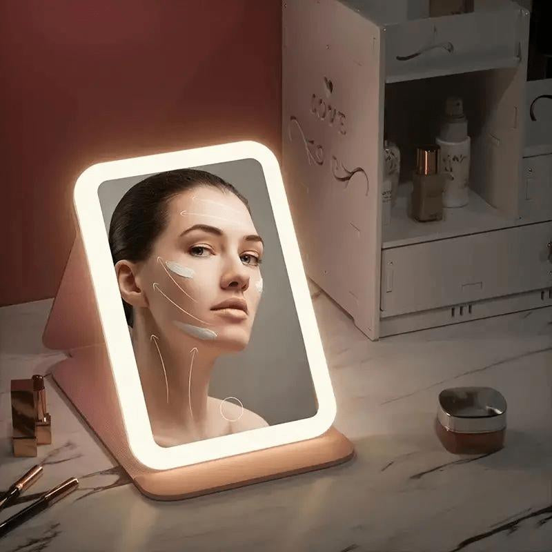 Portable Foldable LED Makeup Mirrorwith 3 Rechargeable Light Modes-Warm, Natural, Cool Self-Standingvanity Mirror for Desk, Travel & Home,Perfect for Makeup & Groominganywhere